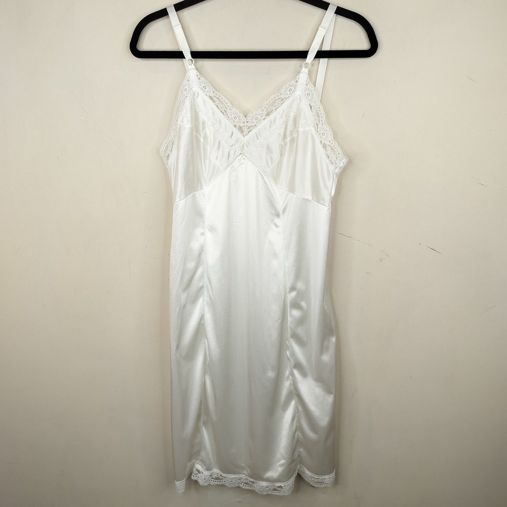 Sears Vintage Nylon Full Slip 34 Small Lace Trim Satin Floral Embroidered White